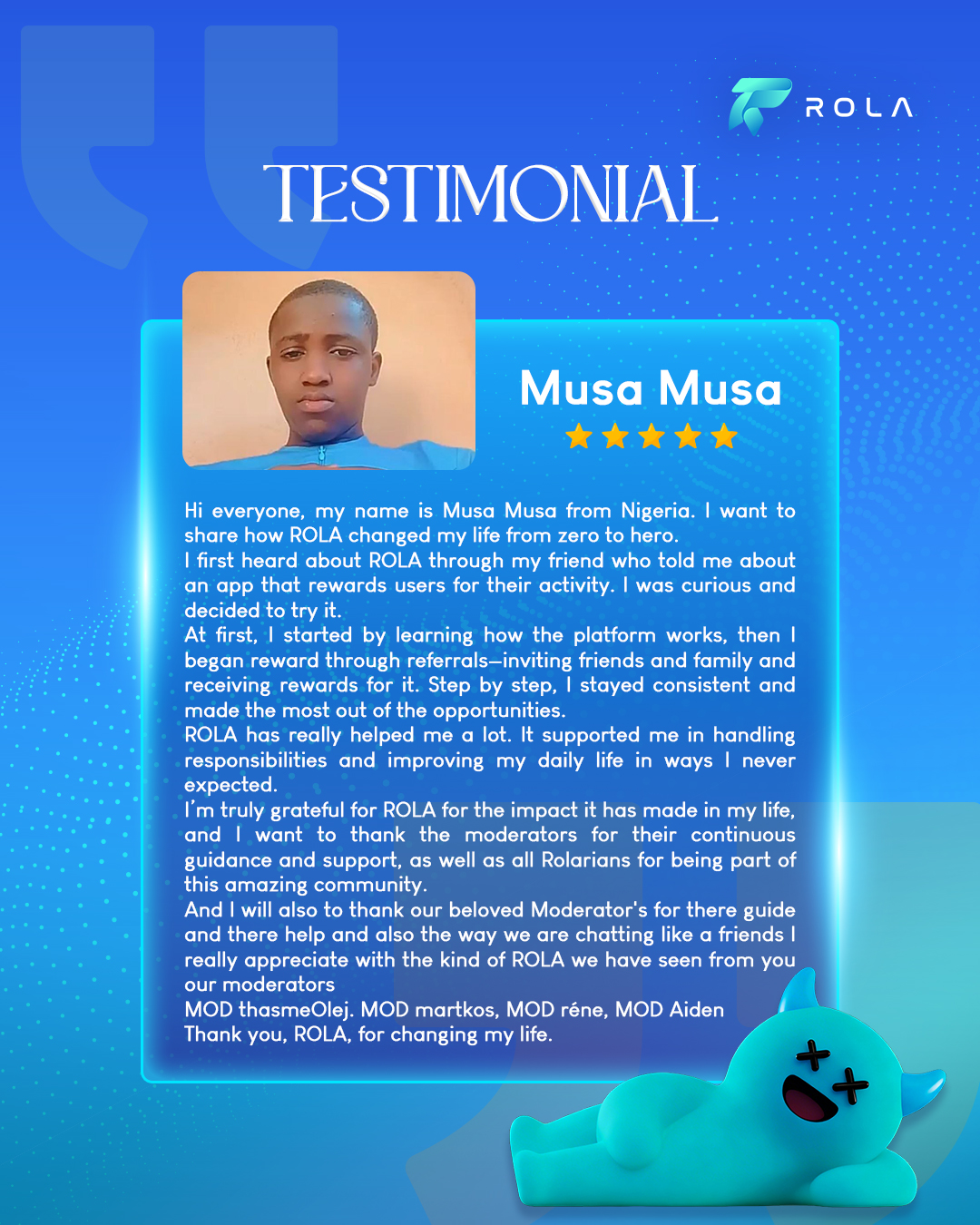 User testimony
